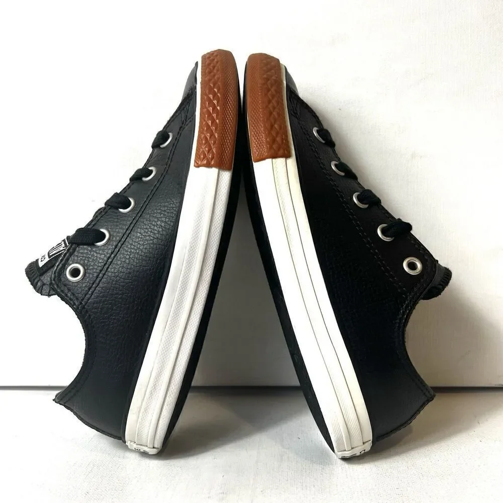 Converse All Star Kids Sz 2 Black Leather Low Top Lace Up Comfort Casual Sneaker